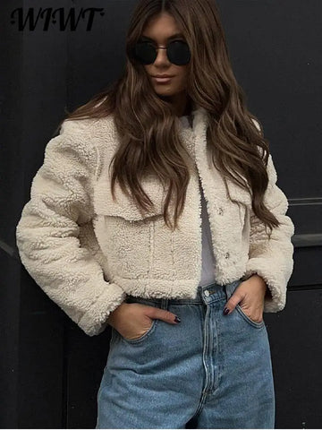 Casual Faux Lamb Wool Short Women Winter Coats 2023 Long Sleeve Turn Down Collar Pocket Autumn Jackets Female Warm Streetwear