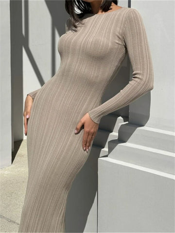 Fall Casual Knit Ribbed Bodycon Long Dress Simple Style Solid Color Long Sleeve O Neck Wrapped Pencil Dress Street Party