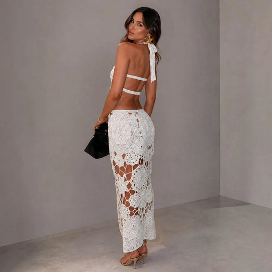 Hook Crochet Flower Long Dresses Women Knitted Halter Sexy Hollow Out Sleeveless Backless Maxi Dress Holiday Fashion Beach Robes