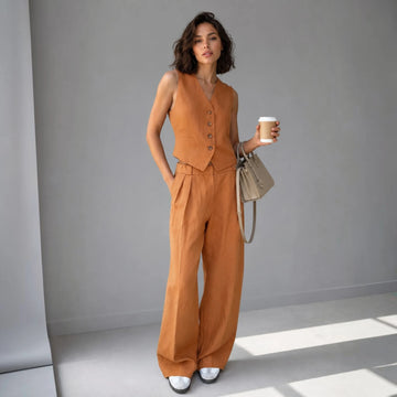 ✨Bronladies Elegant Linen & Cotton Co-Ord Set for Women – Chic Summer Waistcoat & Trousers Outfit for Office & Everyday Wear