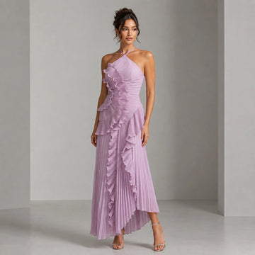 ✨ Lotus Edge Maxi Dress – Elegant Pleated Halter Neck Holiday Maxi Dress for Women ✨