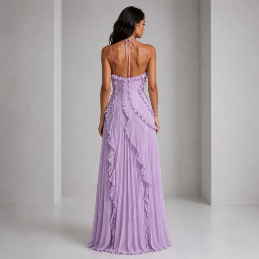 ✨ Lotus Edge Maxi Dress – Elegant Pleated Halter Neck Holiday Maxi Dress for Women ✨
