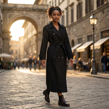 Elegant long wool coat for women – chic winter trench coat style with lapels and pockets, double-breasted (UK style)