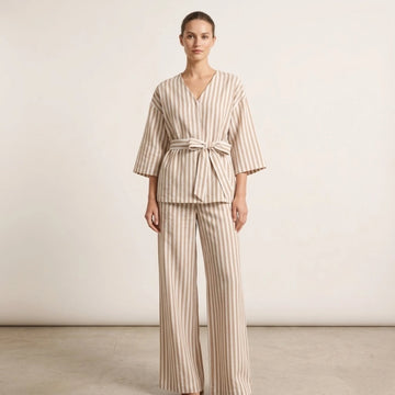 Clacive Fashion Loose Brown Stripe Trousers Set 2 Piece Woman Elegant Long Sleeve Shirt With High Waist Wide Pants Set Female