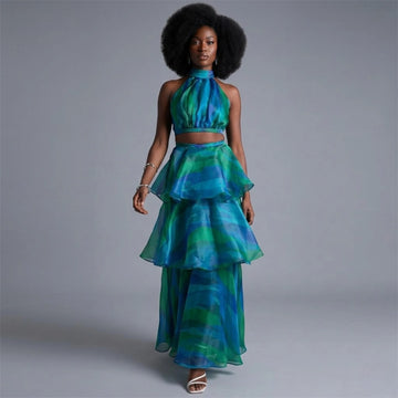 Elegant Sleeveless Halter Neck Summer Dress for Women – Figure-Hugging High Waist Party Dress with Stylish Print