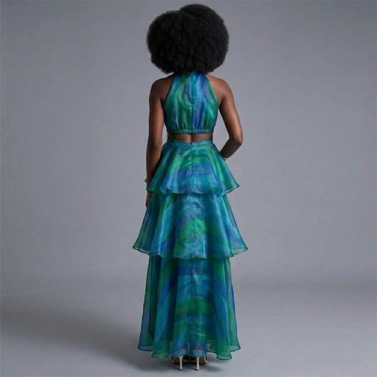 Elegant Sleeveless Halter Neck Summer Dress for Women – Figure-Hugging High Waist Party Dress with Stylish Print