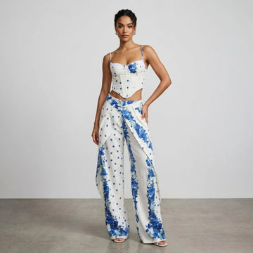 Urban Print Top Pants Women Set Sling Backless Slash Neck Blouse Wide Leg Trousers 2026 Spring Summer Holidays Lady Outfit