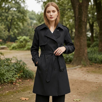 Women's mid-length trench coat – an elegant windbreaker coat with double-breasted closure and belt.