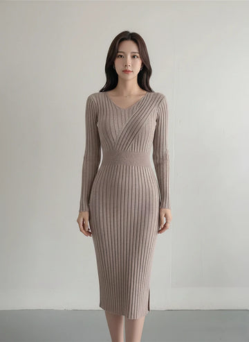 Sweater Knit Dress For Women Vintage Knitting Package Hip Elegant Lady Knitwear Elasticity Women's Autumn Winter Midi Dresses