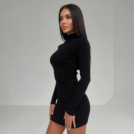 Women's Slim Fit Long Sve Knitted Dr High Collar Midi Dr Sli Commute Wear Polyester Fabric Spring Season