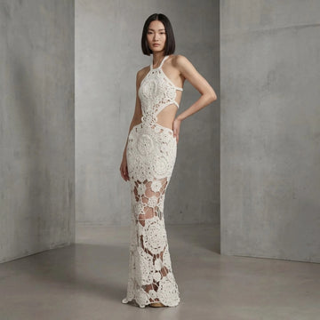 Hook Crochet Flower Long Dresses Women Knitted Halter Sexy Hollow Out Sleeveless Backless Maxi Dress Holiday Fashion Beach Robes