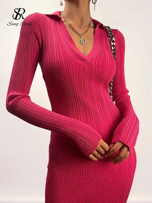 SINGREINY Women Korean Knitted Dress Long Sleeve V Neck Elastic Slim Pencil Dresses 2021 Autumn Sexy Bodycon Split Sweater Dress