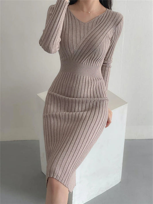 Sweater Knit Dress For Women Vintage Knitting Package Hip Elegant Lady Knitwear Elasticity Women's Autumn Winter Midi Dresses
