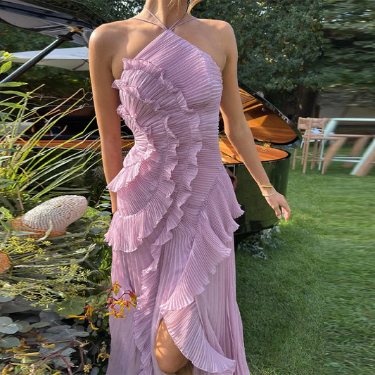 ✨ Lotus Edge Maxi Dress – Elegant Pleated Halter Neck Holiday Maxi Dress for Women ✨