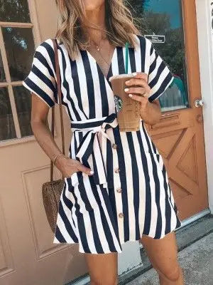 Women's Striped Deep V Strap Dr Sweet n Sle Long Summer Spring New European Faion Princ Skirt Print Dr