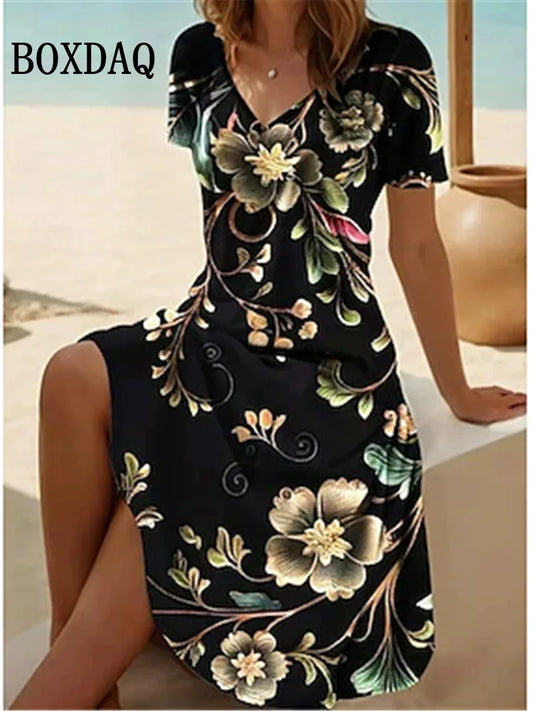 🌸 Women’s Vintage Floral V-Neck Summer Dress – Loose Fit Holiday Beach Maxi Dress Up To 6XL 🌸