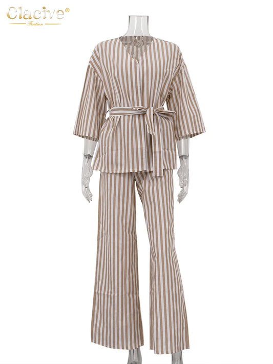 Clacive Fashion Loose Brown Stripe Trousers Set 2 Piece Woman Elegant Long Sleeve Shirt With High Waist Wide Pants Set Female