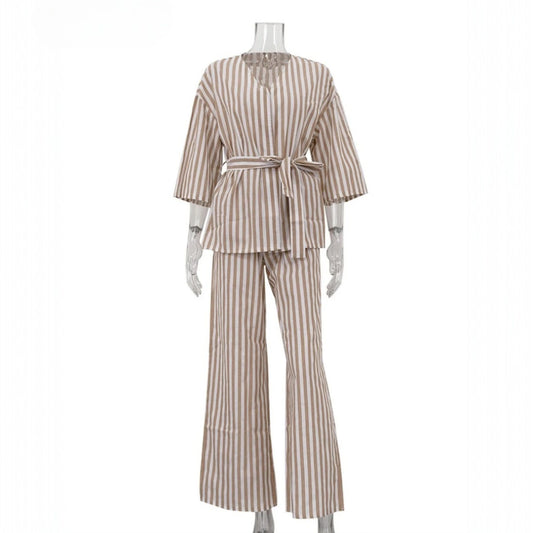 Clacive Fashion Loose Brown Stripe Trousers Set 2 Piece Woman Elegant Long Sleeve Shirt With High Waist Wide Pants Set Female